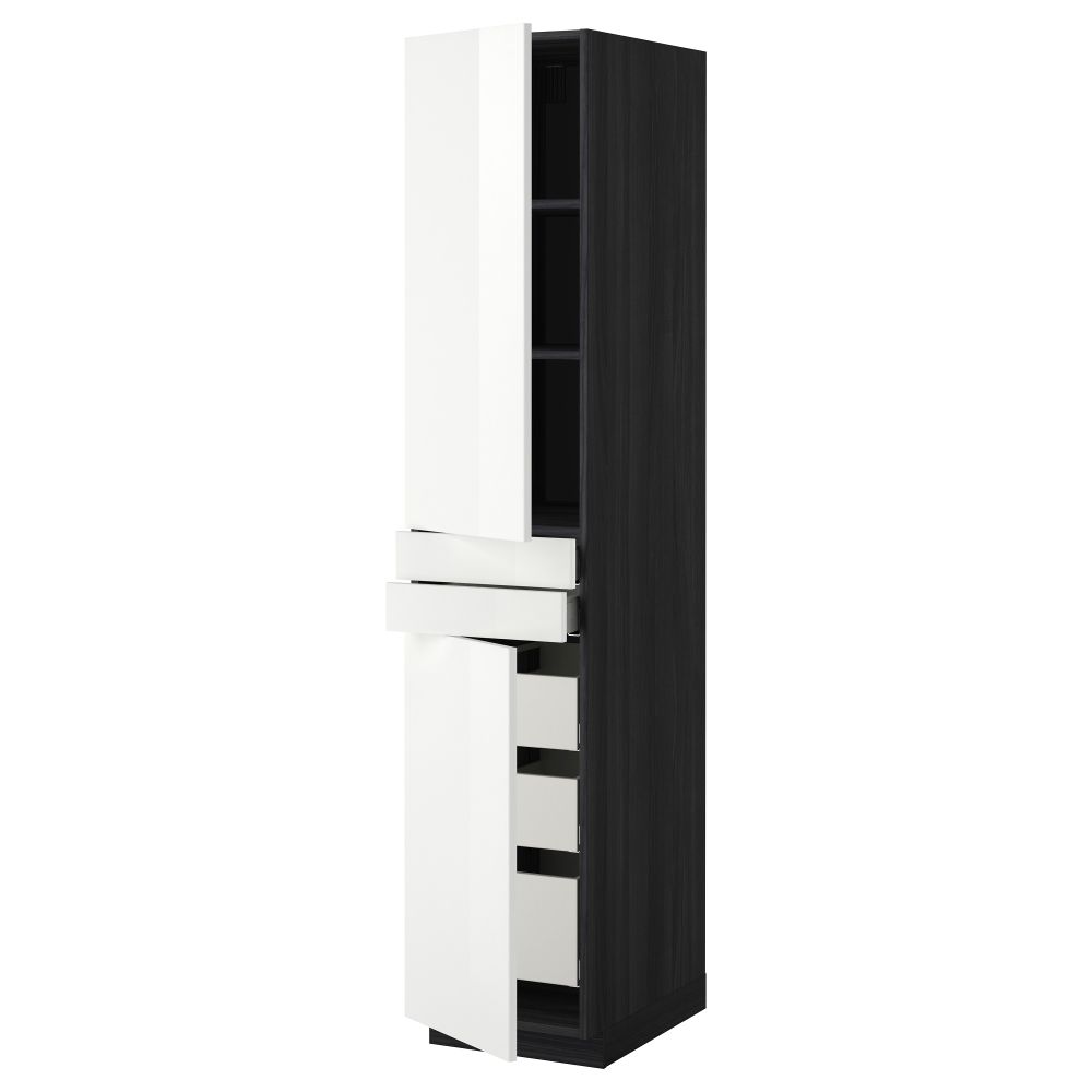 Высокий шкаф + полки, 5 ящиков, 2 дверцы, 2 фронтальных МЕТОД / МАКСИМЕРА, черный, Рингульт белый - фото 1