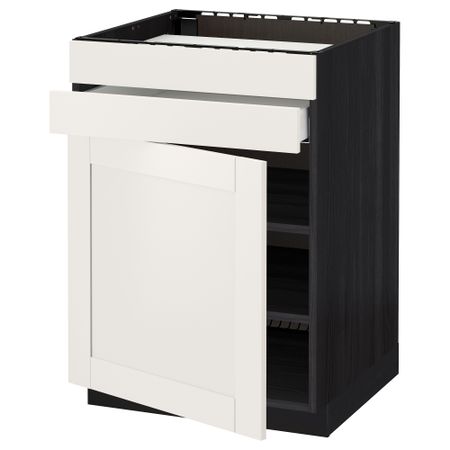 Напольный шкаф для варочной панели, доводчик, 2 фасада, 1 ящик МЕТОД / МАКСИМЕРА, черный, Сэведаль белый (60x60 см)