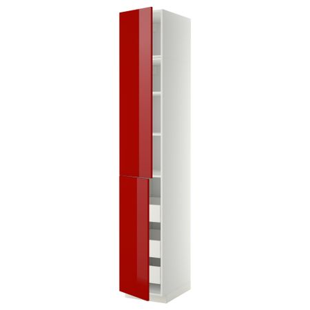 Высокий шкаф + полки, 3 ящика, 2 дверцы МЕТОД / ФОРВАРА, белый, Рингульт красный