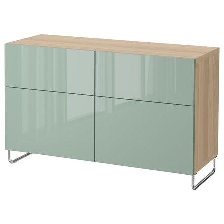 Комбинация для хранения с дверцами/ящ, под беленый дуб, СЕЛЬВИКЕН/СУЛАРП глянцевый/серо-зеленый светлый, 120x40x74 см IKEA БЕСТО