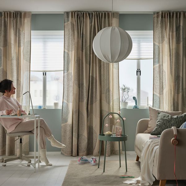 Гардины, 2 шт., бежевый/зеленый/орнамент «точки» 145x300 см IKEA SANDÄNGSFLY САНДЭНГСФЛИ 305.129.66 - фото 3