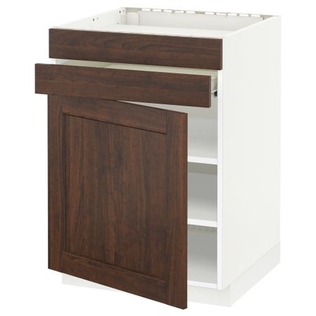 Напольный шкаф для варочной панели, доводчик, 2 фасада, 1 ящик МЕТОД / ФОРВАРА, белый, Эдсерум коричневый (60x60 см)