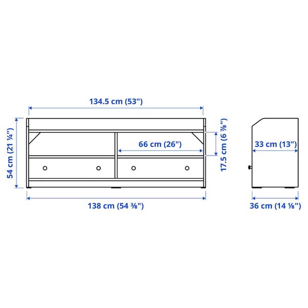 Тумба под ТВ, серый 138x36x54 см IKEA HAUGA ХАУГА 004.150.66 - схема-чертеж с размерами