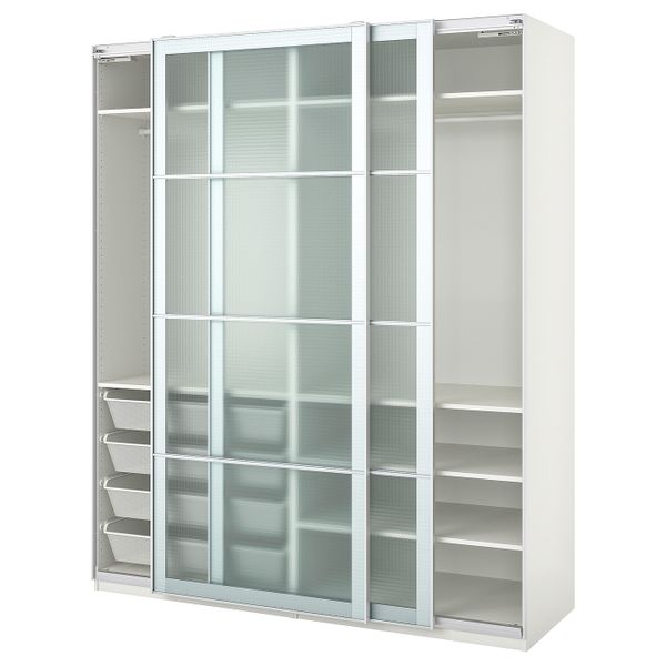 Гардероб, белый/Нюкирха закаленное стекло, орнамент «клетка» 200x66x236 см IKEA PAX ПАКС 493.057.21 - фото 1