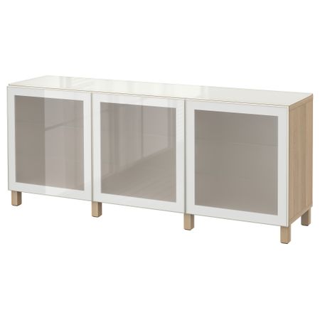 Комбинация для хранения с дверцами БЕСТО, под беленый дуб, Глассвик белый прозрачное стекло (180x40x74 см)