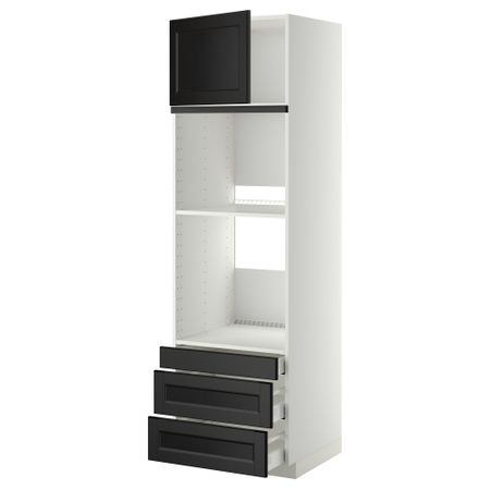 Высокий шкаф для духовки комбинированный, духовка + дверца, 3 ящика МЕТОД / МАКСИМЕРА, белый, Лаксарби черно-коричневый