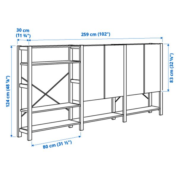 3 секции, полки, шкаф, 259x30x124 см, сосна IKEA IVAR ИВАР 992.483.80 - схема-чертеж с размерами