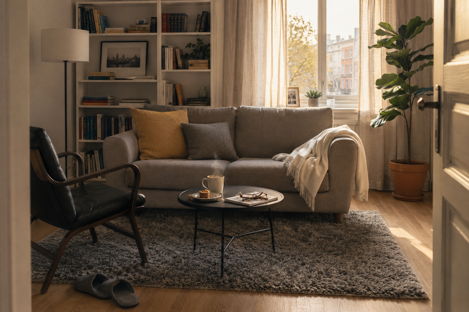 Светлая гостиная с диваном SALTMYRAN, журнальным столиком BORGEBY, торшером TÅGARP и ковром ÄRENDE в тёплом дневном свете