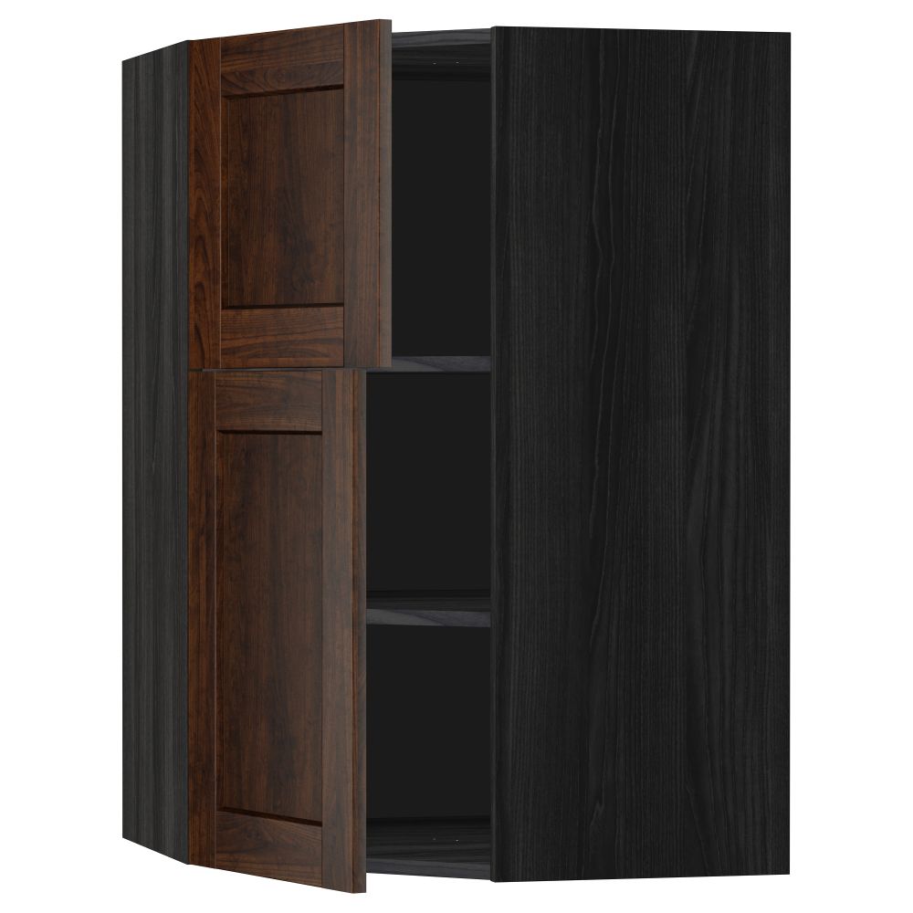 Угловой навесной шкаф + полки, 2 дверцы МЕТОД, черный, Эдсерум коричневый (68x100 см) - схема-чертеж с размерами