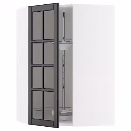 METOD Углов навесн шкаф с врщ скц/сткл дв - белый/Bodbyn чёрный 68x100 см