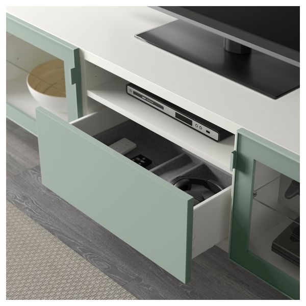 Тумба под ТВ БЕСТО, белый Сельсвикен, глянцевый/серо-зеленый светлый прозрачное стекло (180x40x48 см) - схема-чертеж с размерами