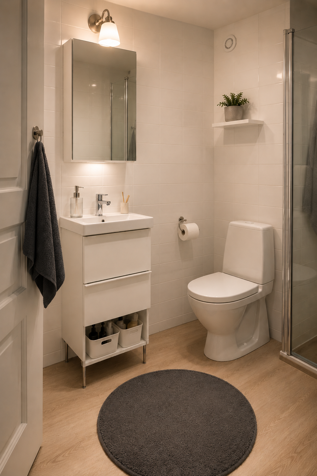 Ванная 4 м² для одного: тумба ENHET, зеркало HEMNES, крючки на двери