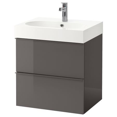 Шкаф для раковины с 2 ящиками, 61x49x68 см, глянцевый серый IKEA GODMORGON ГОДМОРГОН 698.843.57