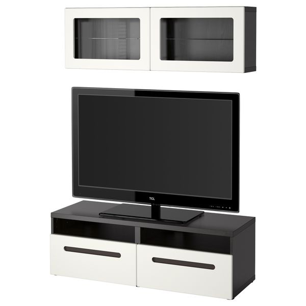 Шкаф для ТВ, комбинированный, стекляные дверцы БЕСТО, черно-коричневый, Марвикен белый прозрачное стекло (120x20/40x166 см) - фото 1