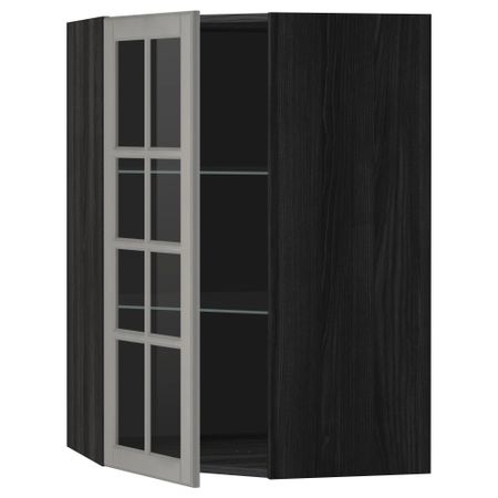 Угловой навесной шкаф с полками, стекляными дверцами МЕТОД, черный, Будбин серый