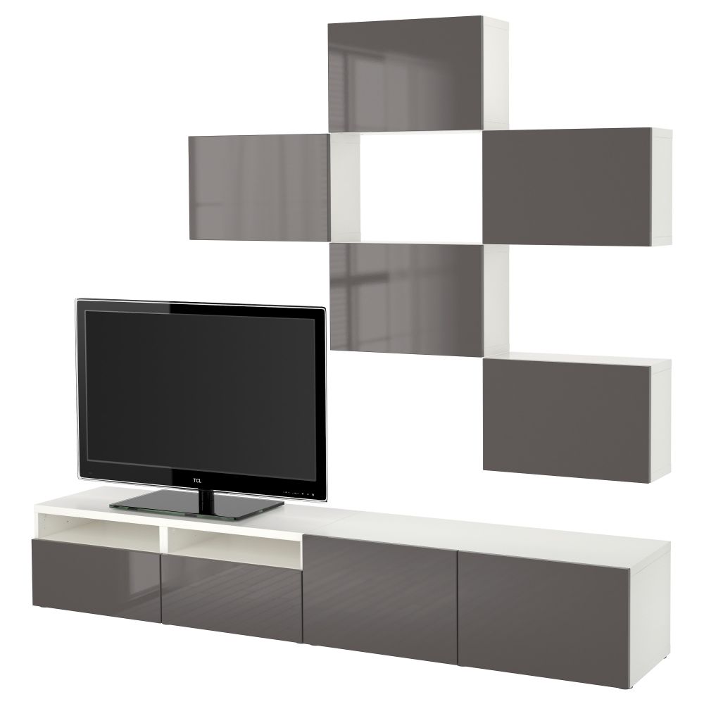 Шкаф для ТВ, комбинация БЕСТО, белый, Сельсвикен глянцевый/серый (240x20/40x204 см) - фото 1