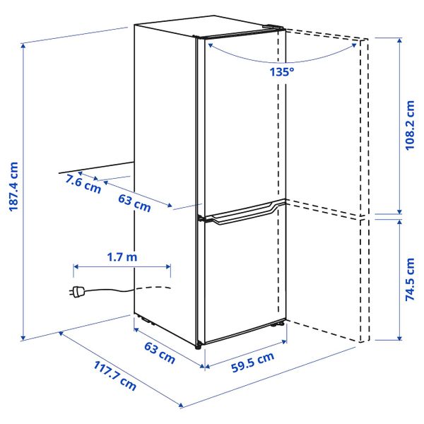 Холодильник морозильник, ИКЕА 300 отдельно стоящий/белый 215/90 л IKEA PÅKALLA ПОКЭЛЛА 404.948.44 - схема-чертеж с размерами