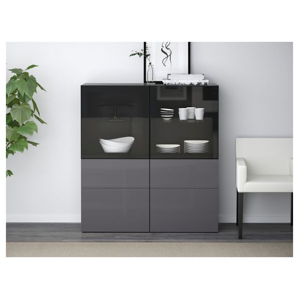 Комбинация для хранения со стеклянными дверцами БЕСТО, черно-коричневый, Сельсвикен глянцевый/серый прозрачное стекло - схема-чертеж с размерами