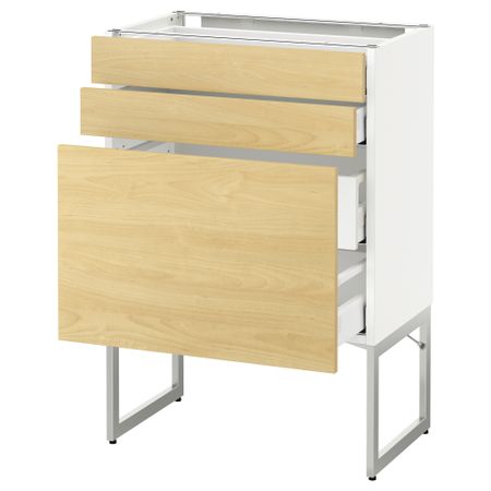 Напольный шкаф 3 фронтальных панели, 2 нижних, 2 средних ящика МЕТОД / МАКСИМЕРА, белый, Тингсрид береза