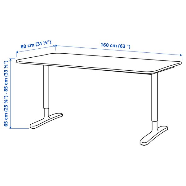 Письменный стол, 160x80 см, дубовый шпон, беленый, черный IKEA BEKANT БЕКАНТ 292.826.74 - схема-чертеж с размерами