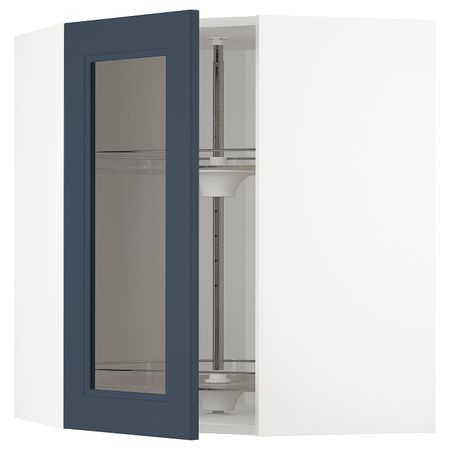 Угловой навесной шкаф с вращающейся секция, стеклянная дв, белый Акстад/матовая поверхность синий 68x80 см IKEA METOD МЕТОД