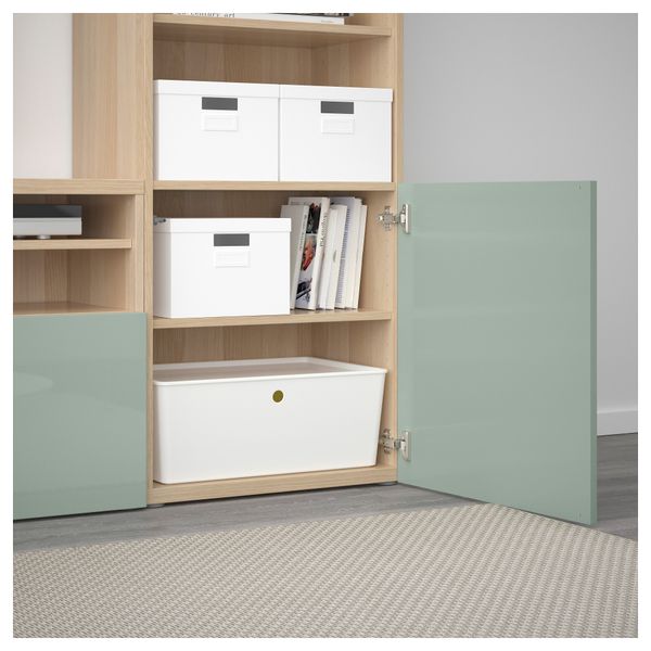 Шкаф для ТВ, комбинированный, стекляные дверцы БЕСТО, под беленый дуб Сельсвикен, глянцевый/серо-зеленый светлый прозрачное - фото 3