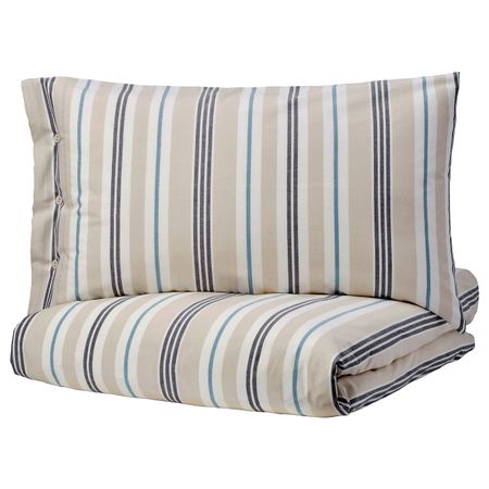 Пододеяльник и наволочка, бежевый, синий/в полоску 150x200/50x70 см IKEA SMALSTÄKRA СМАЛСТЭКРА 104.435.25
