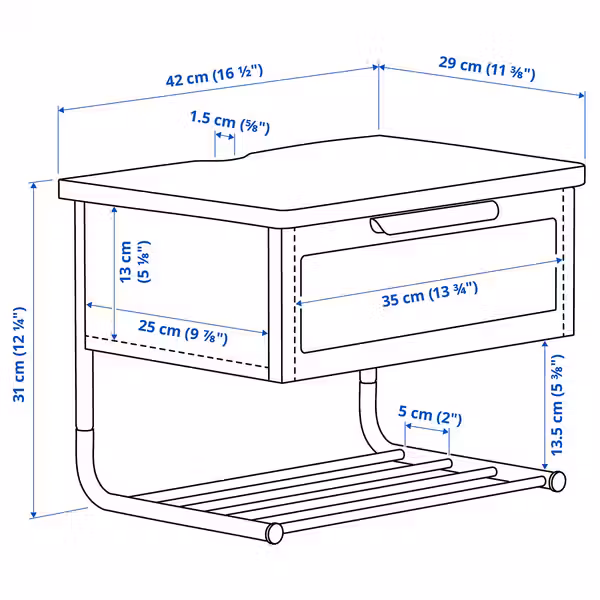 GRÅFJÄLLET ГРЭФЬЕЛЛЕТ Настенный прикроватный столик - антрацит 42x29x31 см - схема-чертеж с размерами