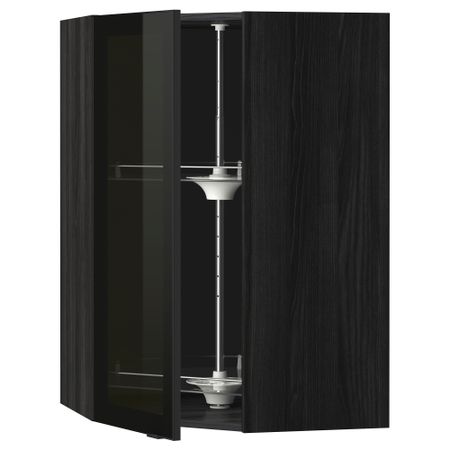 Угловой навесной шкаф с вращающающейся секцией, стеклянными дверцами МЕТОД, черный, Ютис дымчатое стекло