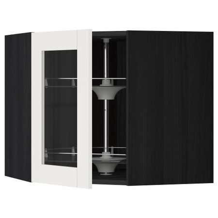 Угловой навесной шкаф с вращающающейся секцией, стеклянными дверцами МЕТОД, черный, Сэведаль белый