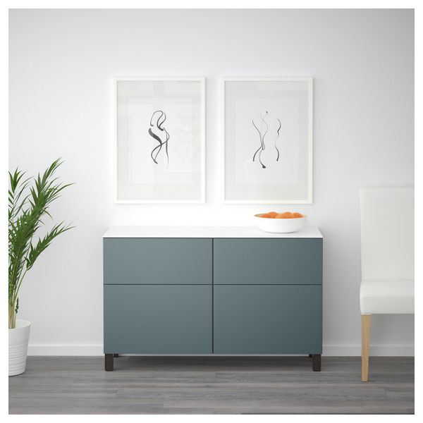 Комбинация для хранения с дверцами, ящиками БЕСТО, черно-коричневый, Вальвикен серо-бирюзовый (120x42x74 см) - схема-чертеж с размерами