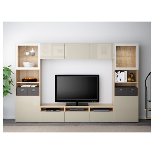 Шкаф для ТВ, комбинированный, стекляные дверцы БЕСТО, под беленый дуб, Сельсвикен глянцевый/бежевый прозрачное стекло - фото 2