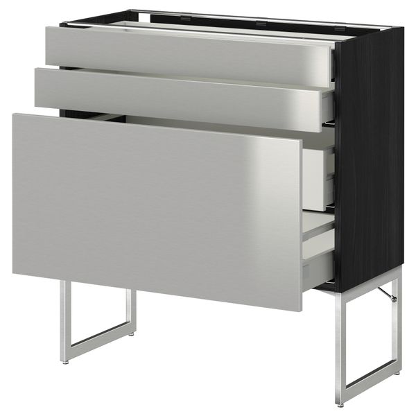 Напольный шкаф 3 фронтальных панели, 2 нижних, 2 средних ящика МЕТОД / МАКСИМЕРА, черный, Гревста нержавеющ сталь - схема-чертеж с размерами