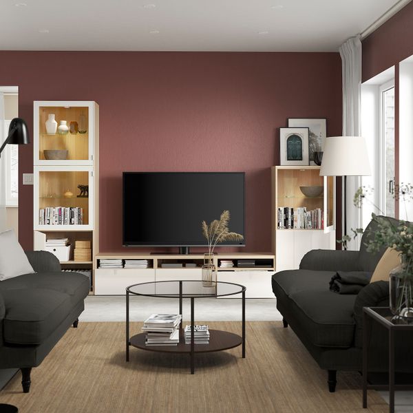 Комбинация для ТВ/стеклянные дверцы, под беленый дуб/Сельсвикен глянцевый, белый прозрачное стекло 300x42x193 см IKEA BESTÅ - фото 3