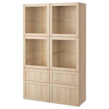 Комбинация для хранения со стеклянными дверцами БЕСТО, Ханвикен, Синдвик под беленый дуб, прозрачное стелко (120x40x192 см)