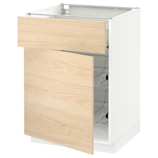 Напольный шкаф с проволочной корзиной/ящ/дверью, белый/Аскерсунд под светлый ясень 60x60 см IKEA МЕТОД / ФОРВАРА 592.187.28 - фото 1