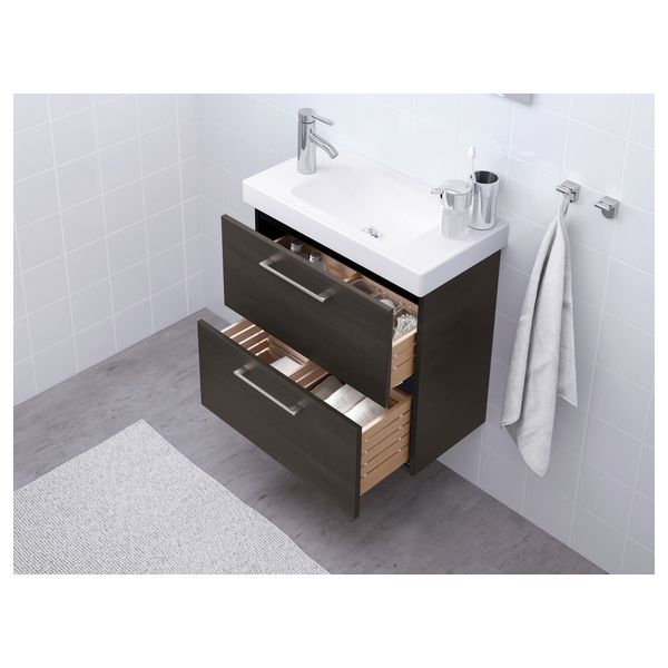 Шкаф для раковины с 2 ящиками ГОДМОРГОН, черно-коричневый - фото 2