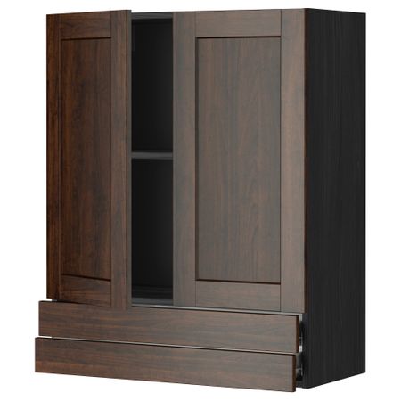 Навесной шкаф, 2 дверцы, 2 ящика МЕТОД / ФОРВАРА, черный, Эдсерум коричневый
