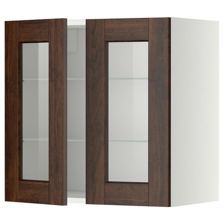 Навесной шкаф с полками, 2 стекло дв, белый/Эдсерум коричневый 60x60 см IKEA METOD МЕТОД 992.268.30