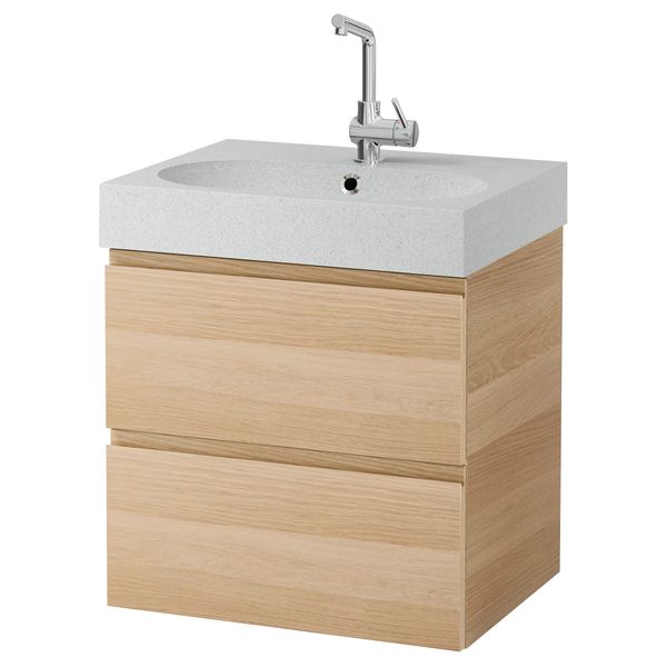 Шкаф для раковины с 2 ящиками ГОДМОРГОН / БРОВИКЕН, под беленый дуб, светло-серый (60x49x68 см) - фото 1