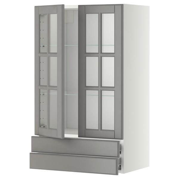 Навесной шкаф, 2 стеклянные дверцы, 2 ящика МЕТОД / ФОРВАРА, белый, Будбин серый - фото 1