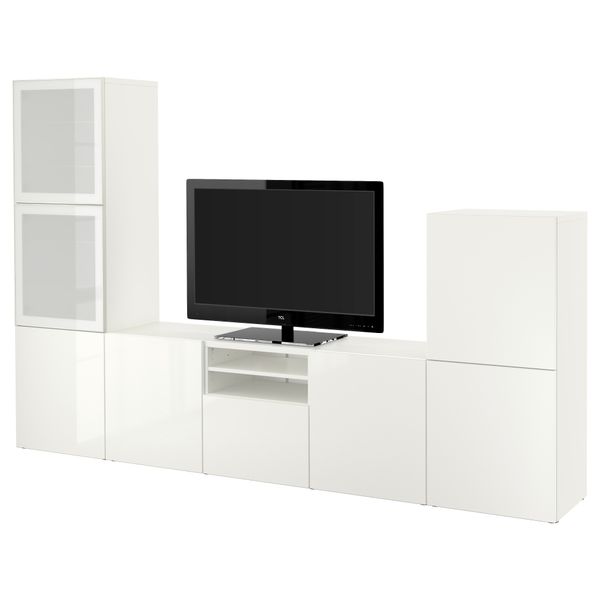 Шкаф для ТВ, комбинированный, стекляные дверцы БЕСТО, белый, Сельсвикен глянцевый/белый матовое стекло (300x40x192 см) - фото 1