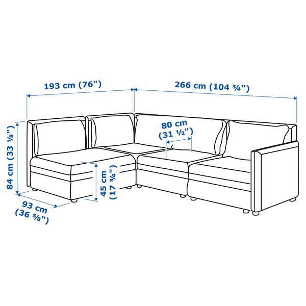 Модульный угловой диван, 3-местный ВАЛЛЕНТУНА, с отделением для хранения, Хилларед темно-серый - схема-чертеж с размерами