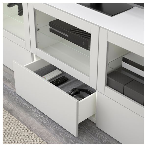 Тумба под ТВ, с дверцами и ящиками БЕСТО, белый Синдвик, Лаппвикен светло-серый прозрачное стекло (180x40x64 см) - фото 3