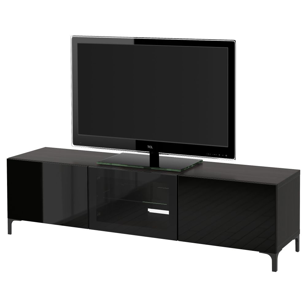 Тумба под ТВ с ящиками и дверцей БЕСТО, черно-коричневый, Сельсвикен глянцевый/черный прозрачное стекло (180x40x48 см) - фото 1