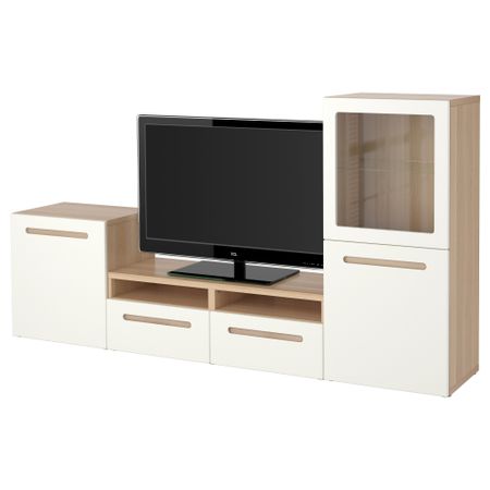 Шкаф для ТВ, комбинированный, стекляные дверцы БЕСТО, под беленый дуб, Марвикен белый прозрачное стекло (240x40x128 см)