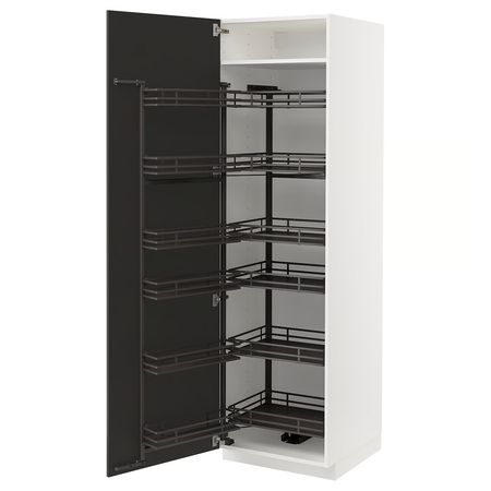 METOD Высокий шкаф с выдвижным модулем - белый/Nickebo матовый антрацит 60x60x200 см