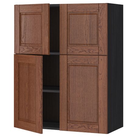 Навесной шкаф с полками, 4 дверцы МЕТОД, черный, Филипстад коричневый (80x100 см)
