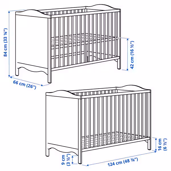 SMÅGÖRA Кроватка детская - белый 60x120 см - схема-чертеж с размерами
