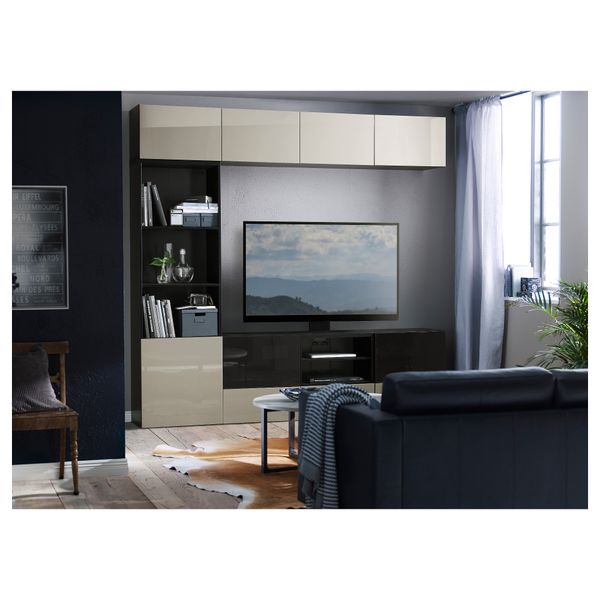 Шкаф для ТВ, комбинированный, стекляные дверцы БЕСТО, черно-коричневый, Сельсвикен глянцевый/бежевый/дымчатое стекло (240x40x230 - схема-чертеж с размерами